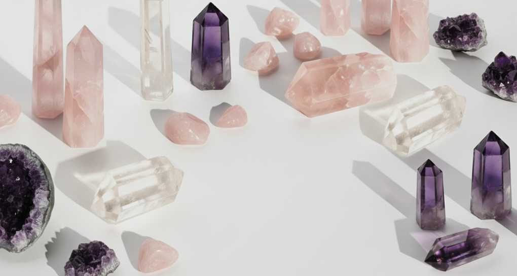 Collection of various crystals on a light background