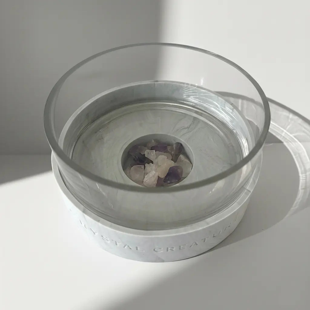 Crystal Elixir Pet Water Bowl with crystals on a white surface